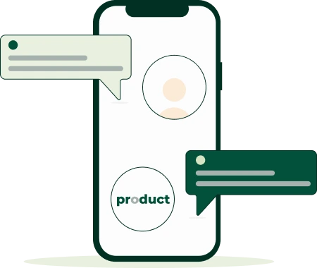 Mobile illustration of an online chat with Prduct to answer your questions